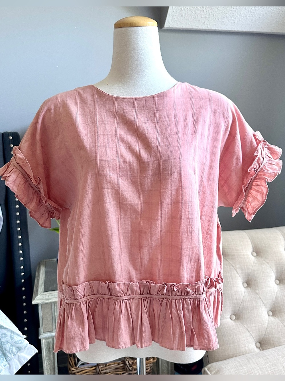 MANGO Blush Pink Peach Ruffle Sleeve Peplum Blouse